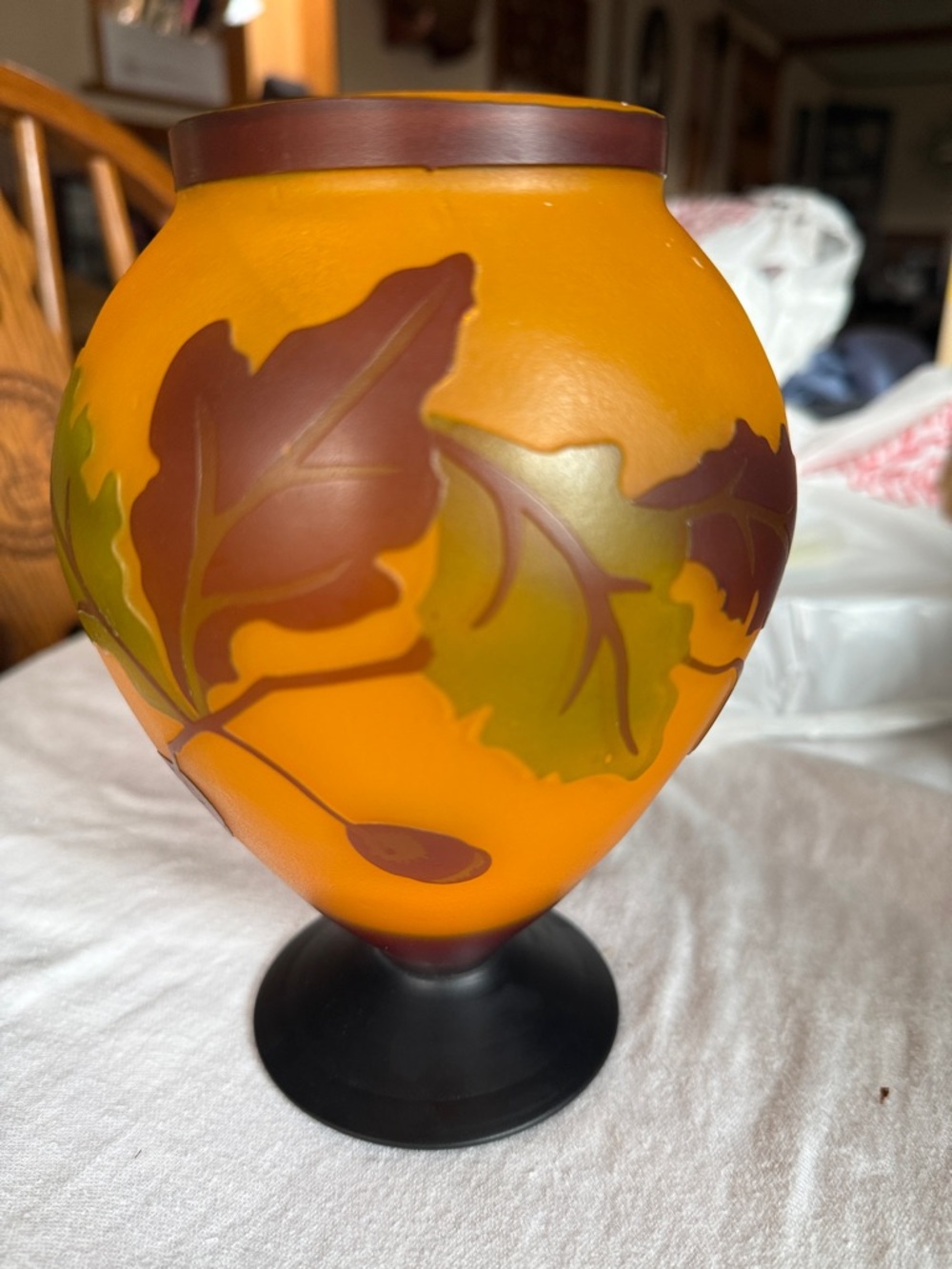 Hand-Blown Orange Art Glass Vase with Leaf Motif - Home Accents